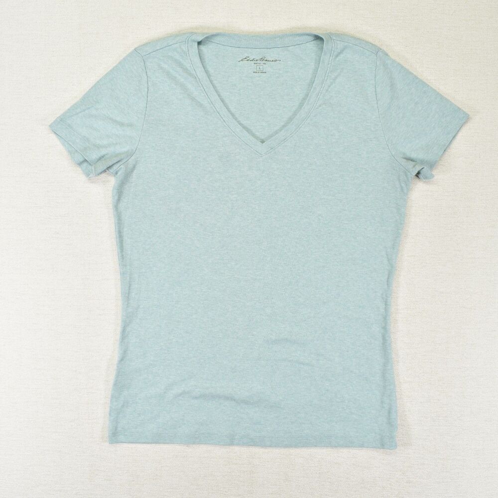 Eddie Bauer Womens V Neck Short Sleeve T Shirt Light Heather Blue Basic Tee